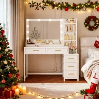 Туалетный столик с большим зеркалом, Туалетный столик с 5 ящиками, 5 открытых отделений, место для хранения перед зеркалом, белый