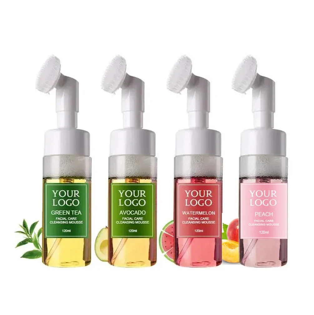 

120ml Custom Logo Face Wash Private Label with Brush Avocado Watermelon Green Tea Cleansing Mousse Liquid Face Clean Makeup Milk