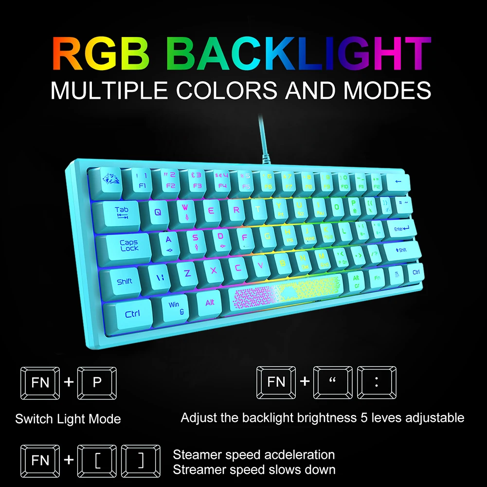 RGB 유선 백라이트 게이밍 키보드, 인체 공학적 게이밍 컴퓨터 노트북, 사무실 키보드, 62 키