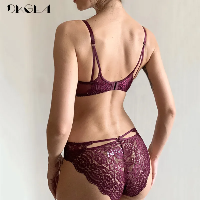 Super Gather Sexy Underwear Set Women Bras Deep V Purple Brassiere Thick  Push Up Bra Panties Set Lace Embroidery Lingerie Sets