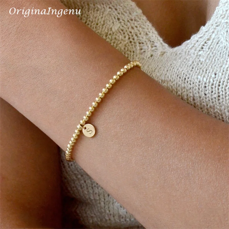 Handmade Gold Beads Bracelet 14K Gold Filled Elastic Bracelet  Custom Letter Jewelry Boho Bracelets Vintage Boho Women Jewelry