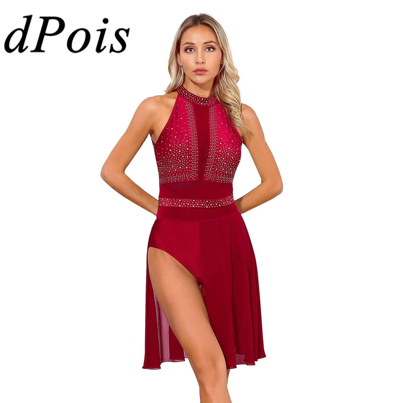 

Womens Sparkly Rhinestone Ballroom Lyrical Dance Dress Sheer Mesh Sleeveless Ballet Gymnastics Leotard Stage Performance Costume