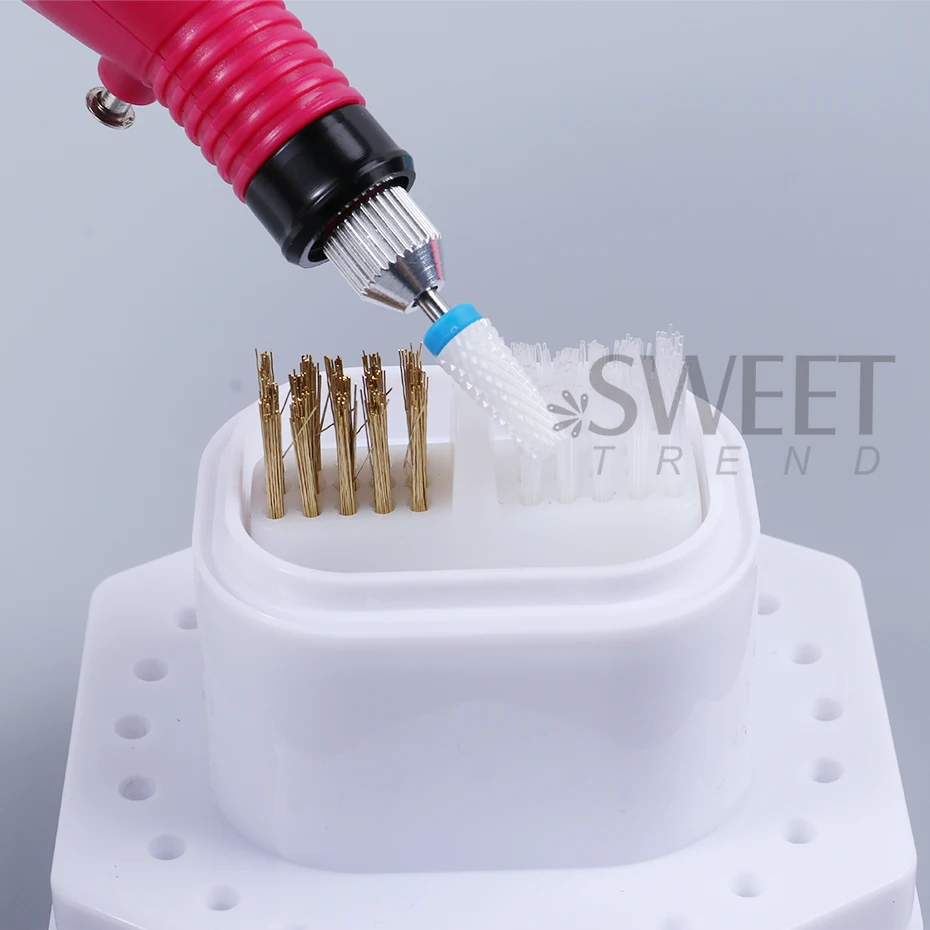 24-Holes Nail Drill Bits Storage Box with Cleanning Brush Grinding Head Holder Display Stand Organizer Manicure Accessories Tool