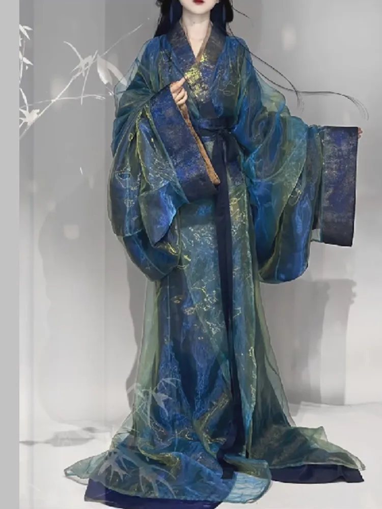 

New Ancient Chinese Clothing Women's Fairy Big Sleeve Trailing Straight Vintage Costume Blue Dance