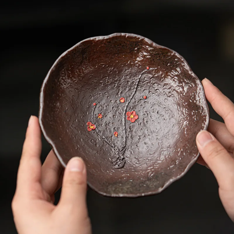 Handmade and creative three legged rough pottery fruit plate, living room, household antique ceramic tea plate