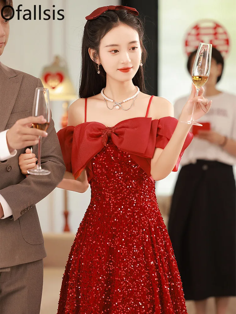 

Ofallsis Wine Red Bow Toast Dress Bride 2024 Summer New Light Luxury Grand Wedding Evening Banquet Dresses French Red Long Style