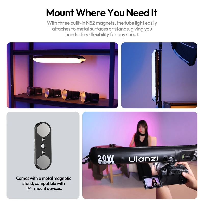 Ulanzi UA20C 20W RGB Magnetic Air Tube Light 1800K-10000K for Home Studio Livestreaming Full Color RGB Creative Lighting Effects - Ảnh 5