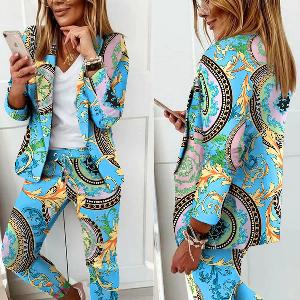 Women's Suit 2023 New in Print Casual Blazers Jacket + Pencil Pants Suit Elegant Office Ladies Formal 2 Piece Pant Sets