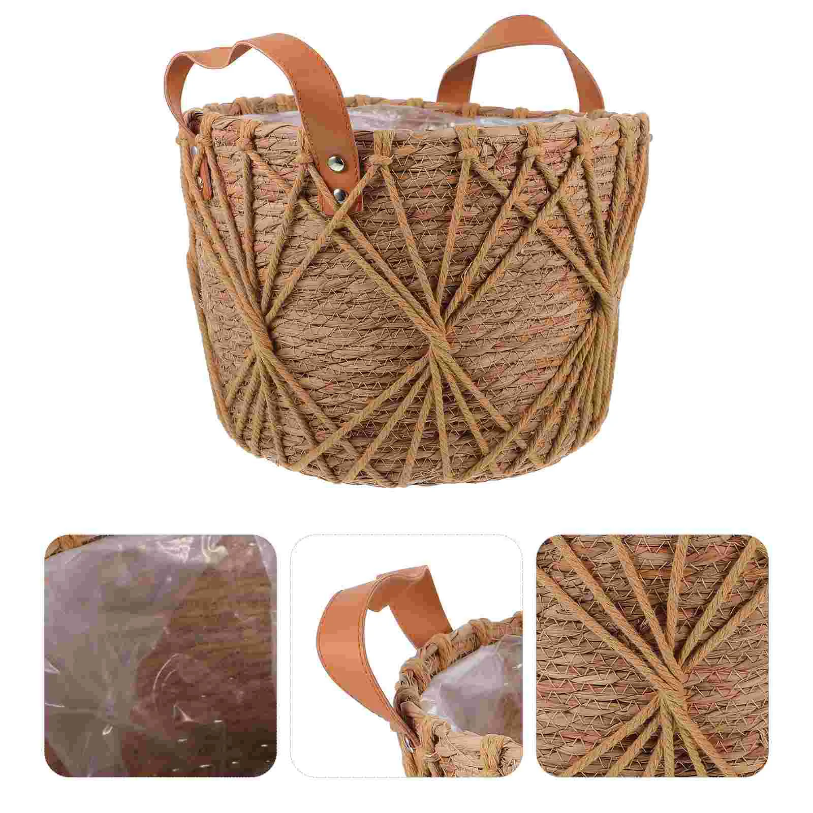 

Garbage Can Straw Flower Basket Home Decor Planters for Indoor Plants Polyester Woven Storage