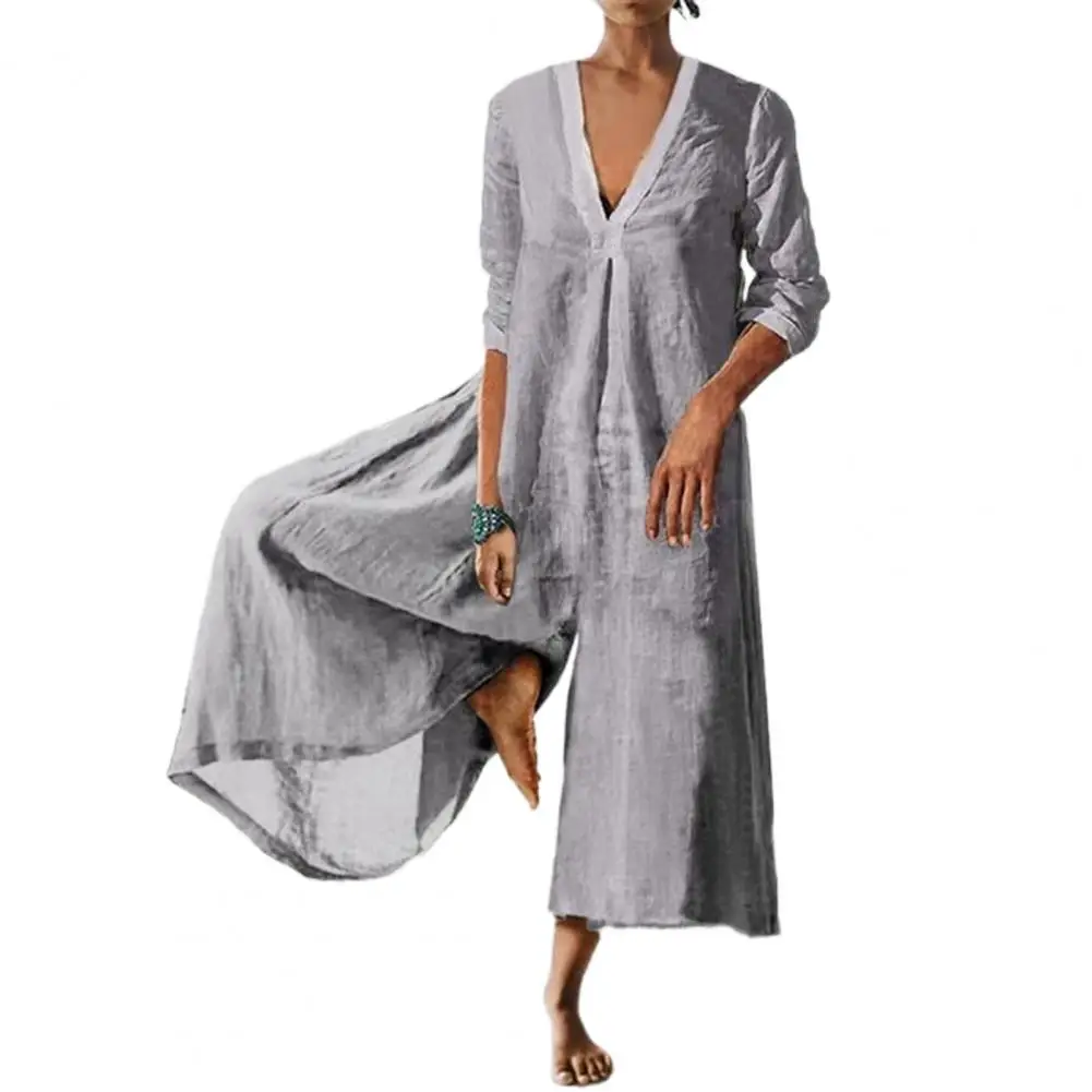 

Women Jumpsuit Wide Leg V-neck 3/4 Sleeves Low-cut Casual Jumpsuit Autumn 2023