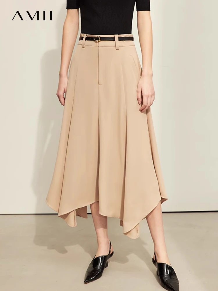 AMII 미니멀리즘 여성 스커트, 불규칙 밑단 A라인 루즈 드레이프 우산, 오피스 레이디 솔리드 스커트, 2024 용수철, 신상 틈새, 12411002