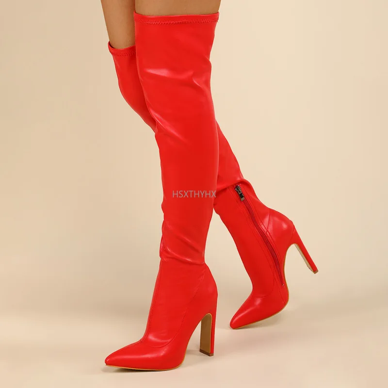Women Leather Thigh High Heel Boots With Zipper Faux Leather Stretch