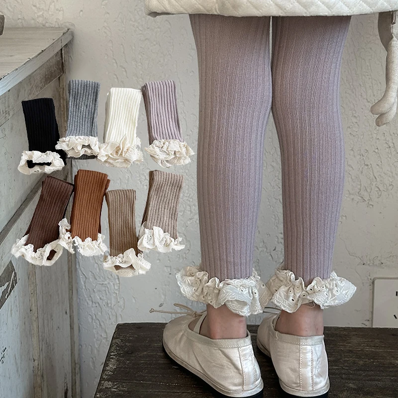 Baby Girls Ribbed Leggings with Cotton Lace Cuff 1
