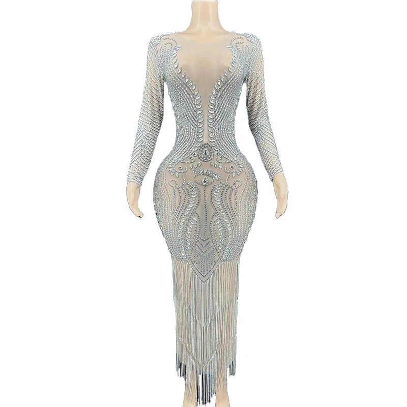

Rhinestone Women Sexy Silver Crystals Fringe Transparent Dress Birthday Evening See Through Outfit