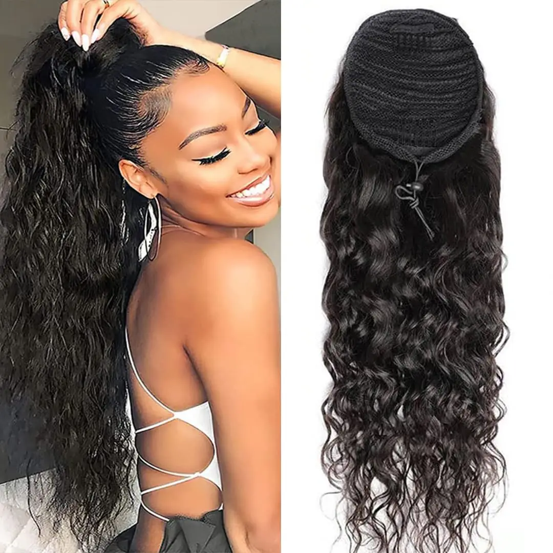 Human Hair Extensions Water Wave Drawstring Ponytail Human Hair Extensions Natural Black Loose Deep Wave Clip In Hair Extensions Ponytail Women