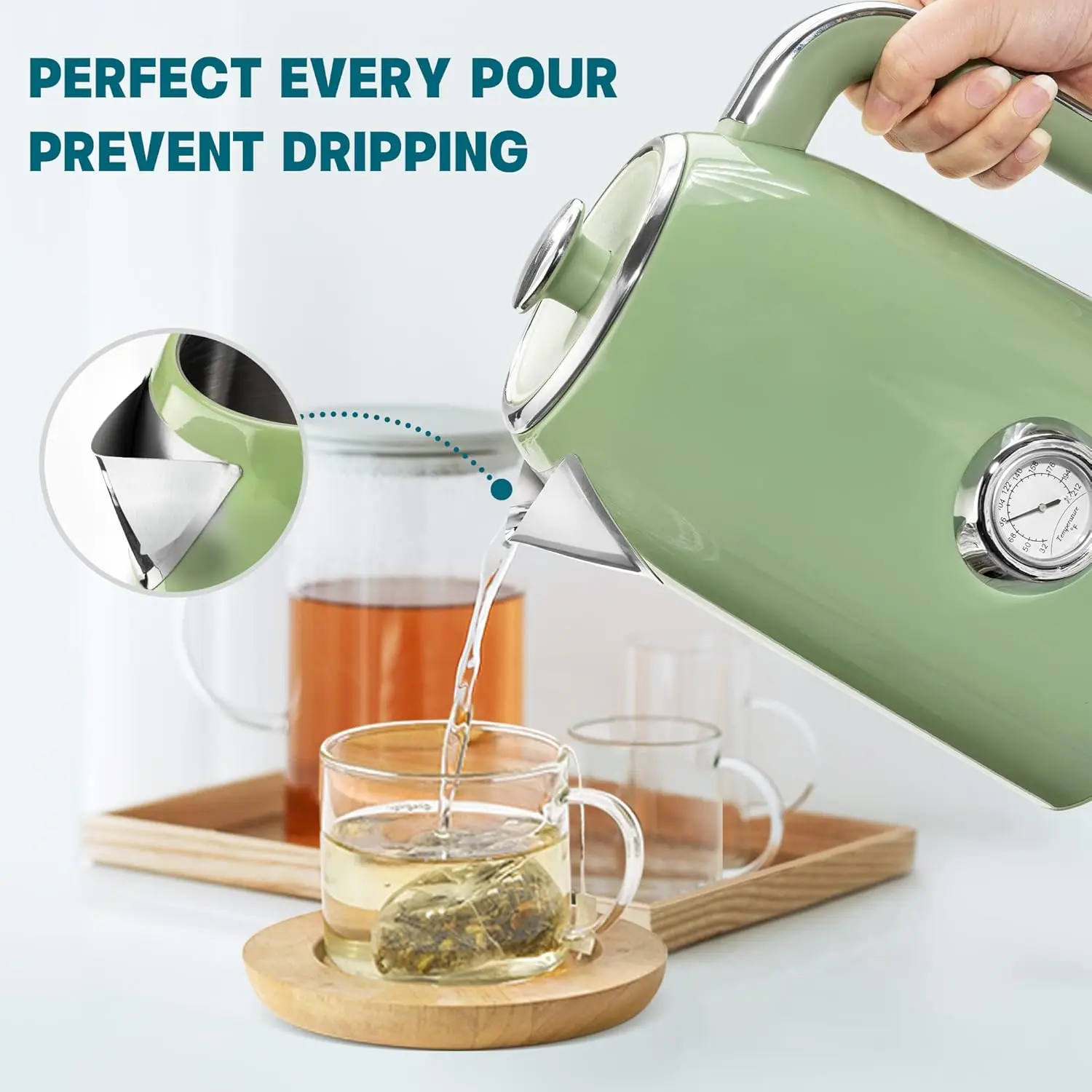 Electric Kettle - 57oz Hot Tea Water Boiler with Thermometer, 1500W Fast Heating Stainless Steel Pot, Cordless LED Indic 3