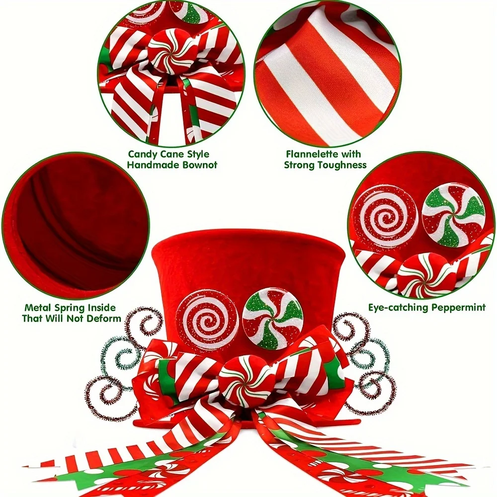 1 Christmas Tree Decoration Hat, Christmas Candy Cane Tree Top Decoration, with Red Hat and Mint Bow-Holiday Home Decoration,