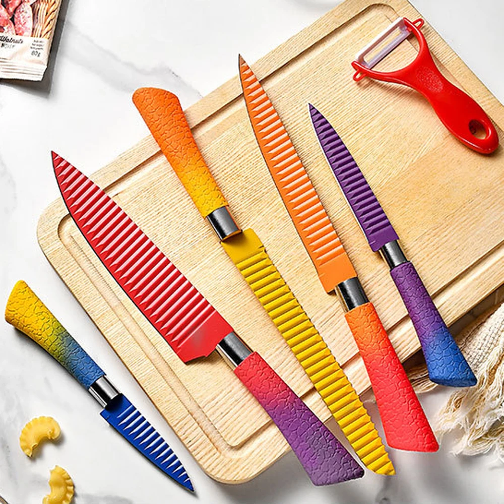 6 Piece Colorful Knife Set - 5 Kitchen Knives with 1 Peeler