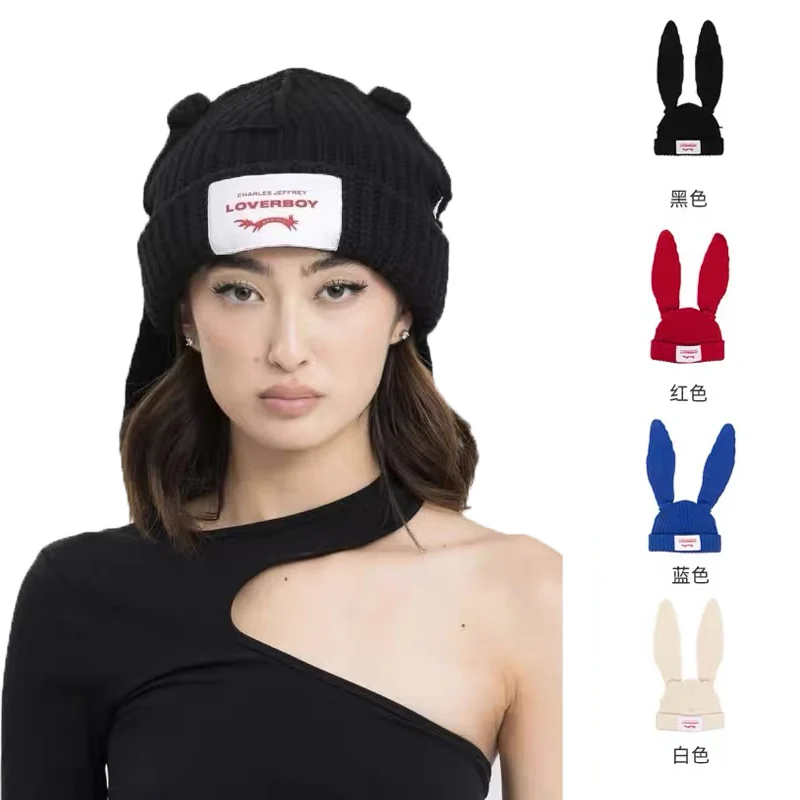 2024 Y2K Loverboy Star with Long Ear Knitted Hat Solid Warm