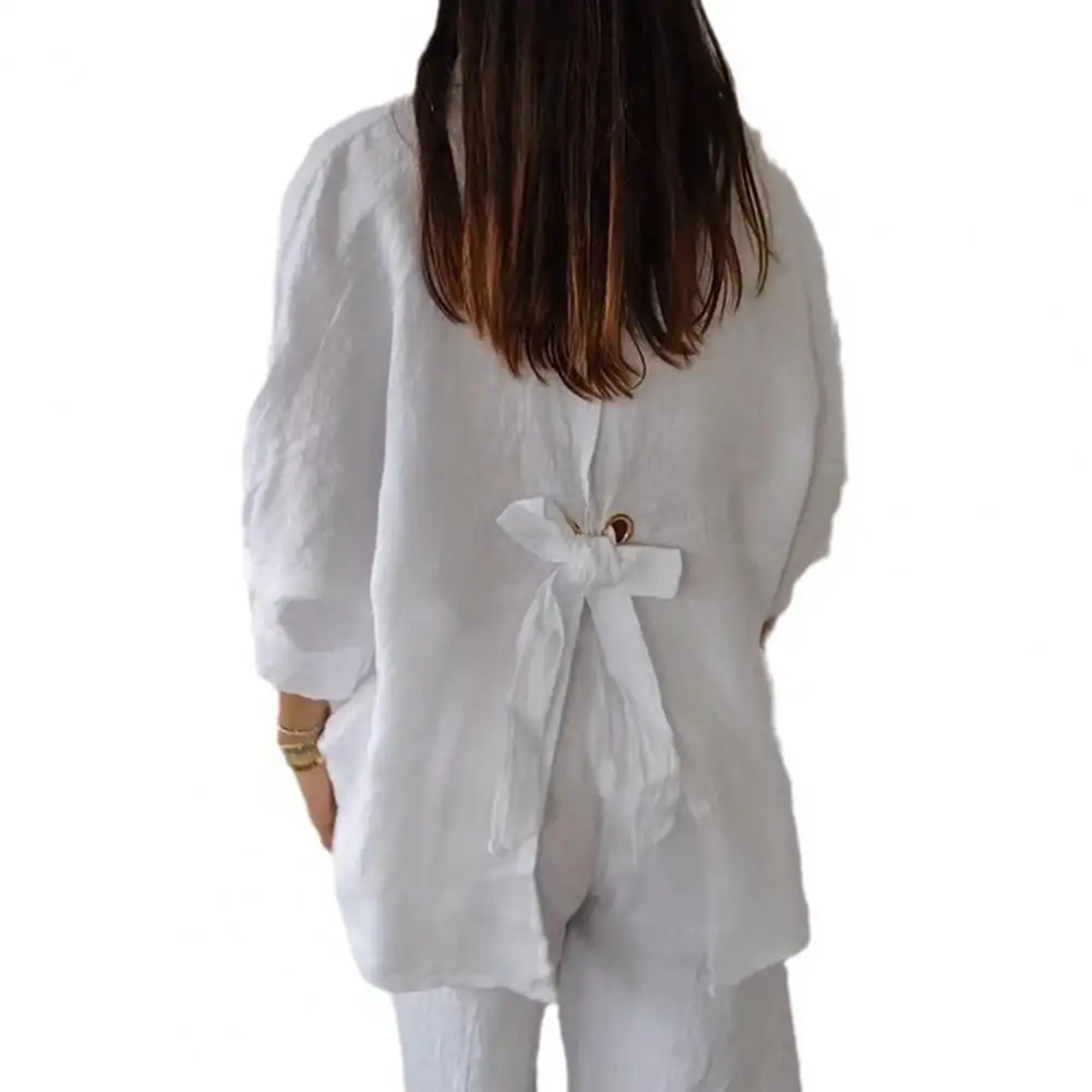 

Three-quarter Sleeve Shirt Elegant Lapel Shirt with Bow Tie Detail Stylish Single Breasted Blouse for Women Chic Solid Color