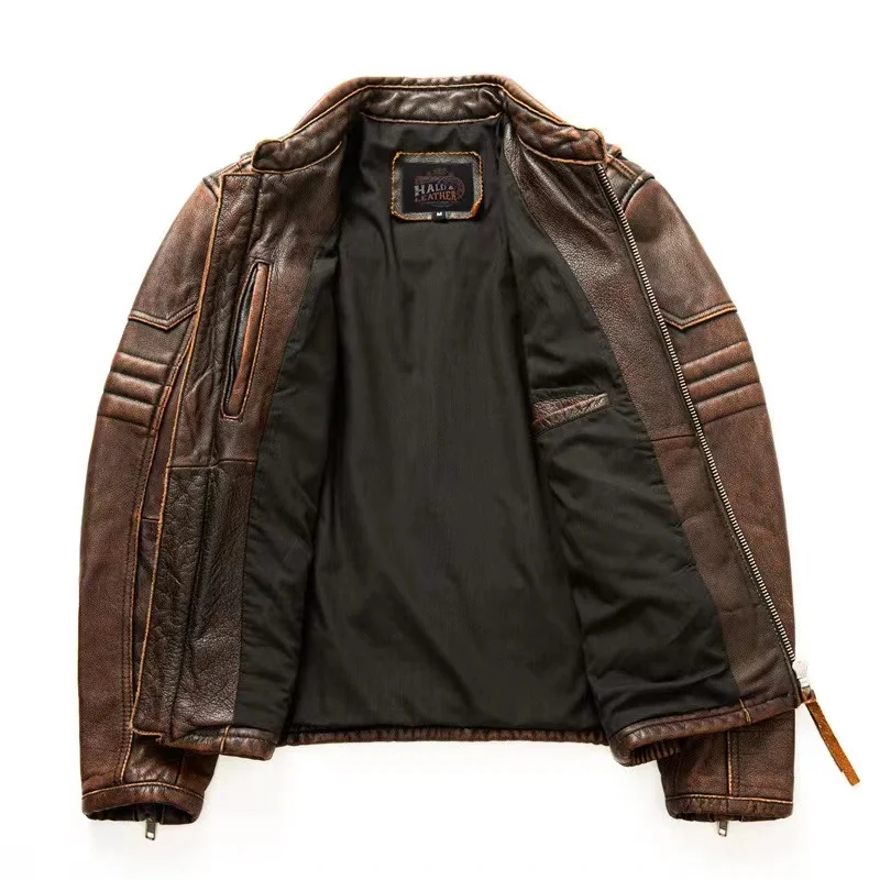 Cowhide Genuine Leather Jacket Men's Fashion Retro Old Collar Biker Jacket Spring And Autumn