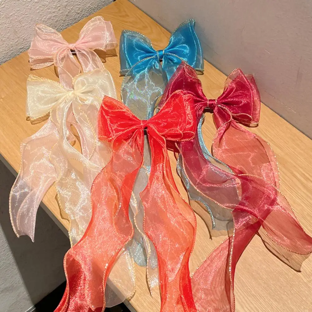 

Girl Bowknot Decor Long Ribbon Hairpin Mesh Hair Clip Barrette Headwear Hair Accessories