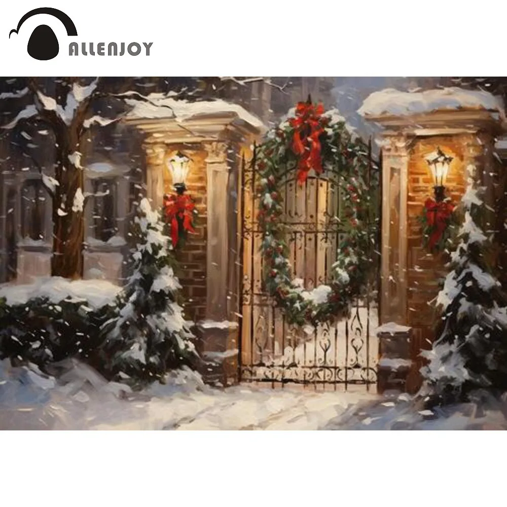 

Allenjoy Snowy Christmas Gate Photography Backdrop Christmas Winter Scene Painting Photo Background Garland Trees Photoshoot