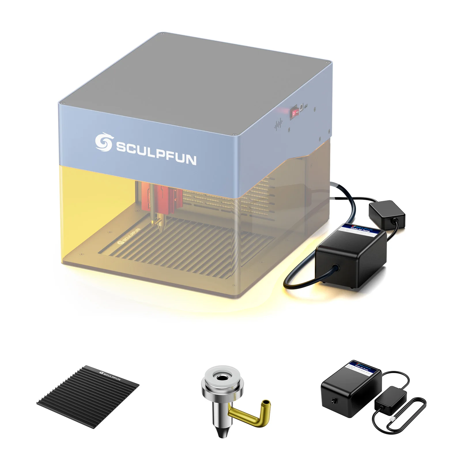 SCULPFUN iCube 레이저 조각기, 벌집 작업 테이블, 데스크탑 보호, 레이저 커팅, 저소음, 15L/min 에어 펌프