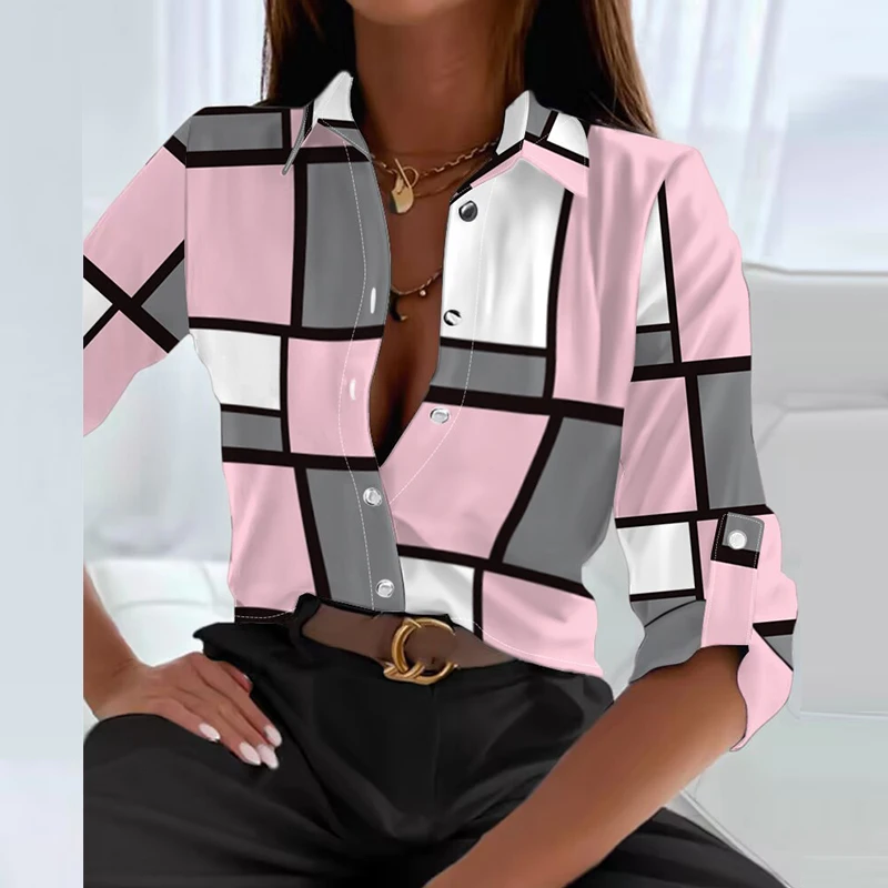 

Elegant Simple Lapel Long Sleeve Top Shirts Fashion Casual Plaid Print T-shirt 2023 Female Pocket Single Breasted Commute Blouse
