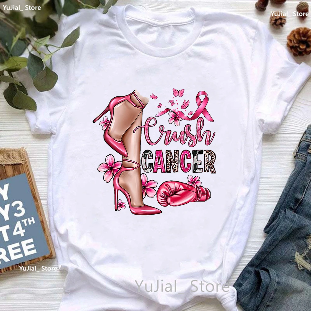 

Breast Cancer Awareness Print T Shirt Women Pink High Shoes Tshirt Femme Summer Short Sleeve T-Shirt Female Dropshipping