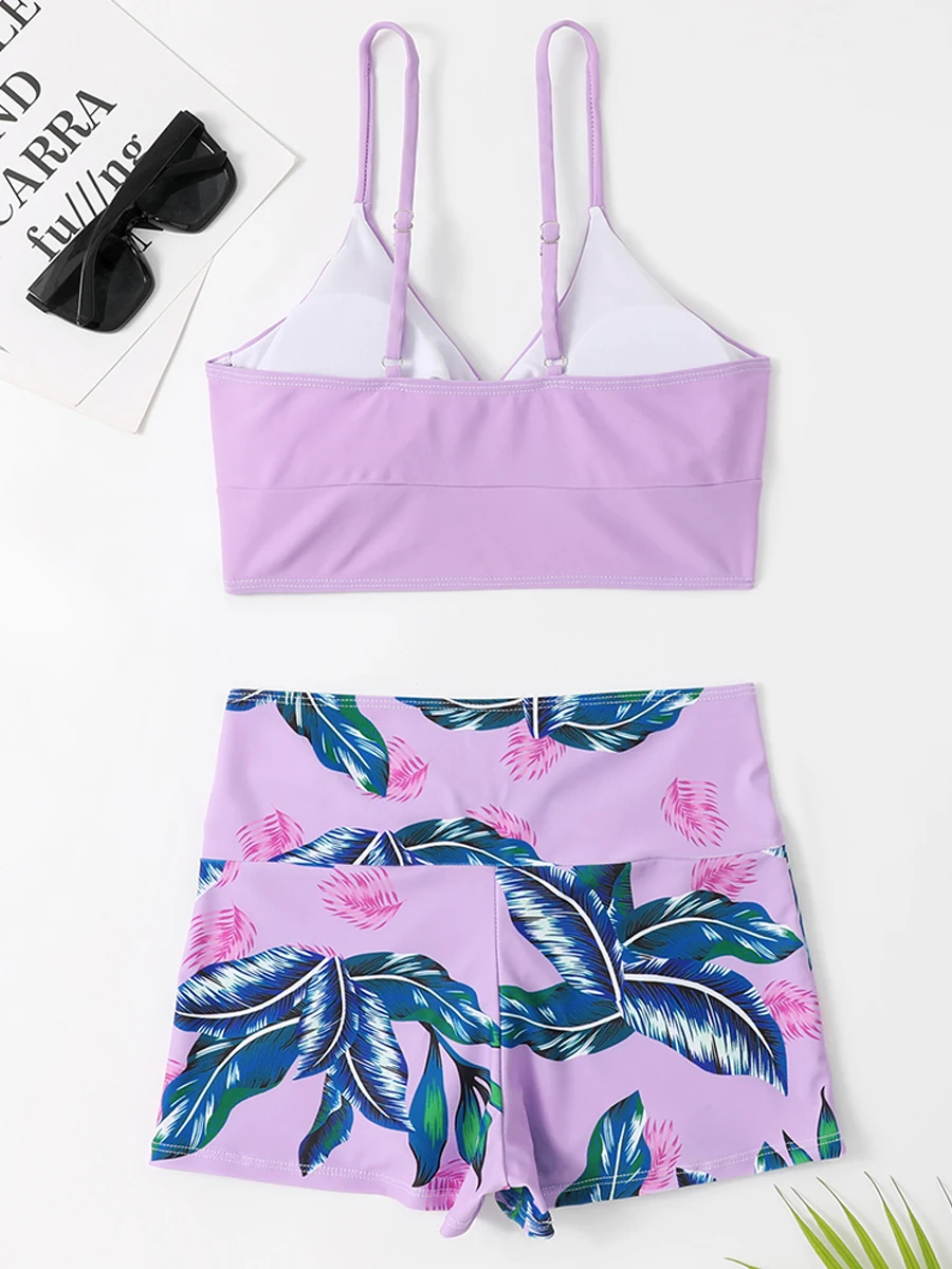 Leaf Printed Drawstring Bikini Women High Waist Swimwear Female Shorts Swimsuit Padded Beachwear Bathers Tie Front Bathing Suit