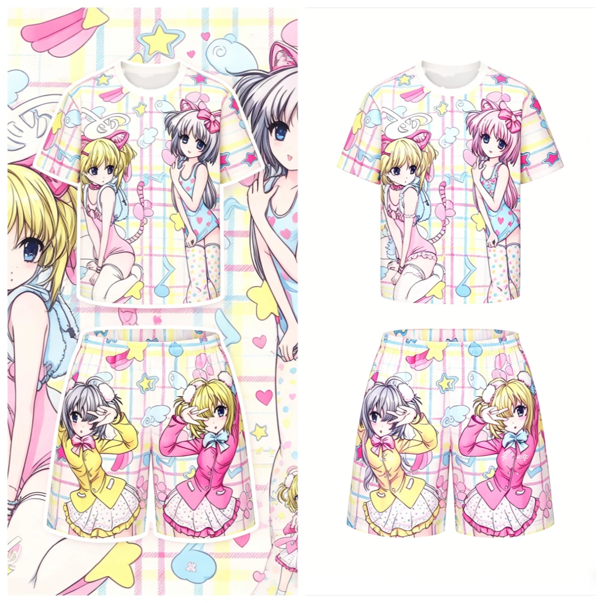 Dunkles, süßes, cooles Set für Erwachsene und Kinder, zweiteiliges Set mit 3D-Kurzarmshirt und Shorts im japanischen Stil mit Totenkopf- und Kuhmuster