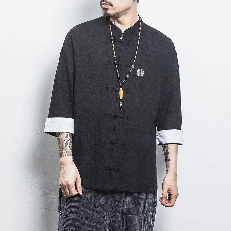 Summer Crane Embroidery Top Traditional Chinese Clothing chinese dress martial arts clothing For Men Vintage Half Sleeve Linen Shirts Madarin Collar Hanfu Kungfu