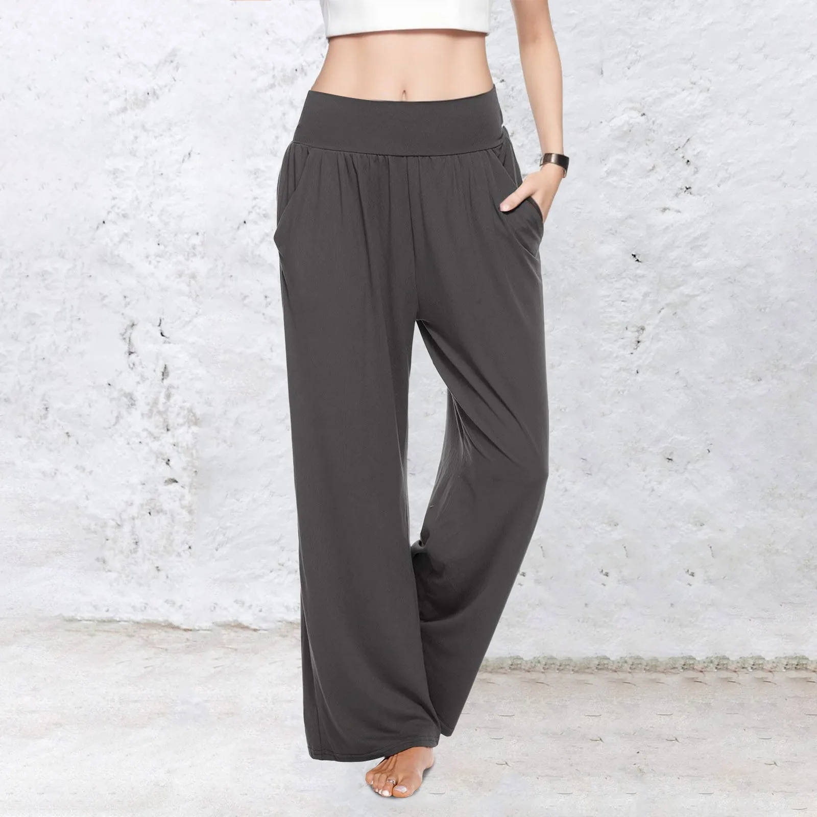 

Women Wide Leg Long Pants Pure Color High Waist Pleated Side Pockets Loose Fit Trousers Casual Simple Bottoms