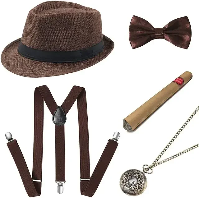 1920er Jahre Kostüm Halloween Herren Gatsby Gangster Zubehör-Set Panama-Hut Hosenträger Fliege 20er Jahre Great Gatsby Cosplay-Accessoires – Detail 6