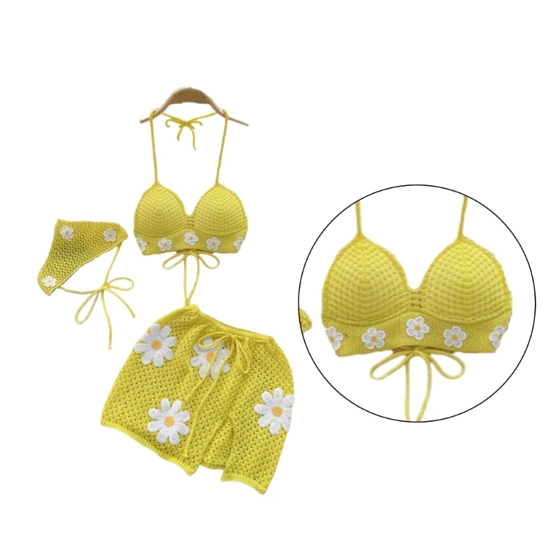 Breathable Swim Wear Set 3 Piece Beach Outfit Halterneck Top Short Skirt Headscarf Hollow Out Beach
