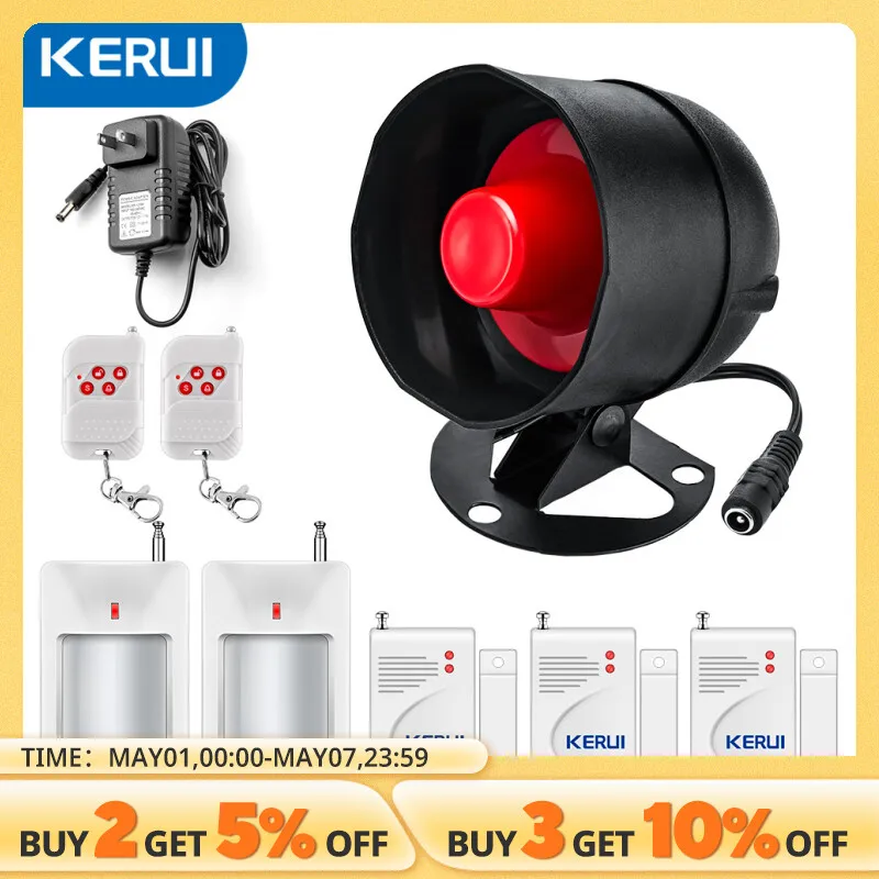 KERUI Security Alarm System Kit 110dB Wireless Loud Indoor/Outdoor Weatherproof Siren Horn with Remote Control and Door Contact