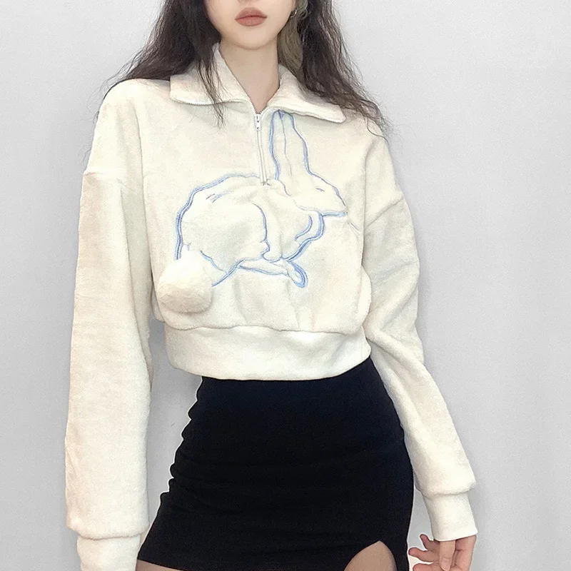2024 Fall and Winter New Women's Loose Rabbit Embroidery Pullovers Half Zipper Long Sleeve Sweatshirt New Woman Apricot Hoodie