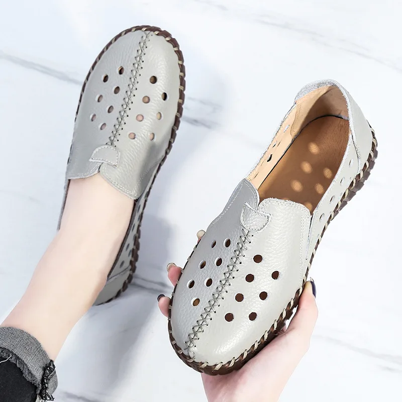 Blue Hollow Out Flats For Women Genuine Leather Loafer Breathable Flat Shoes Ladies White Loafers Women's Ballet Flats Moccasins