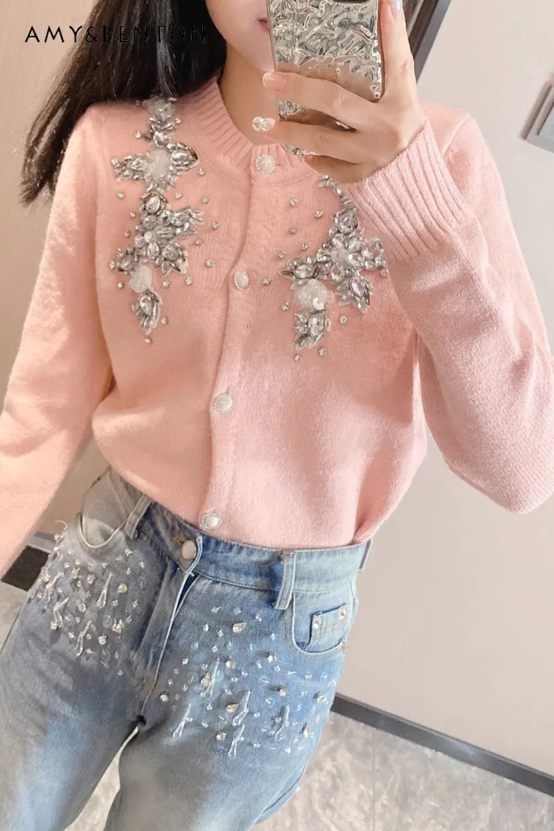 

Elegant Cropped Sweater Coat Spring Autumn New Slim-Fit Long-Sleeved Knitted Cardigan Women's Top Outer Wear Short Knitwear
