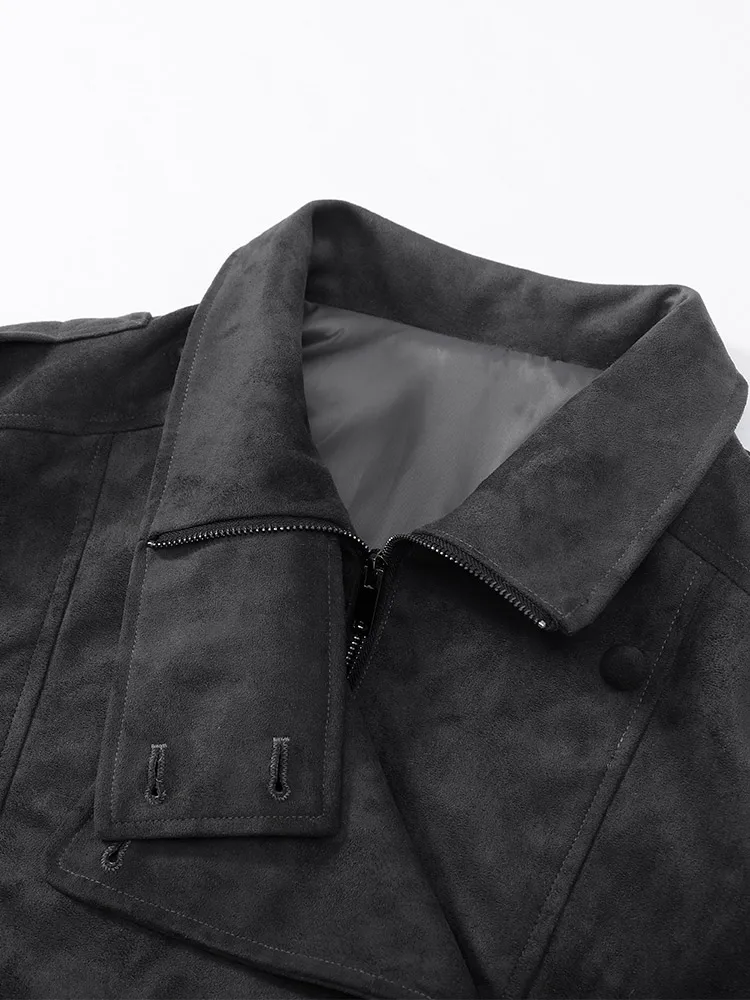 Kunstleder-Jacke mit Seitenreißverschluss für Damen, Streetwear mit Stehkragen, Laternenärmeln und Raffungen, Frühjahrs-Chic-Oberbekleidung – Detail 7