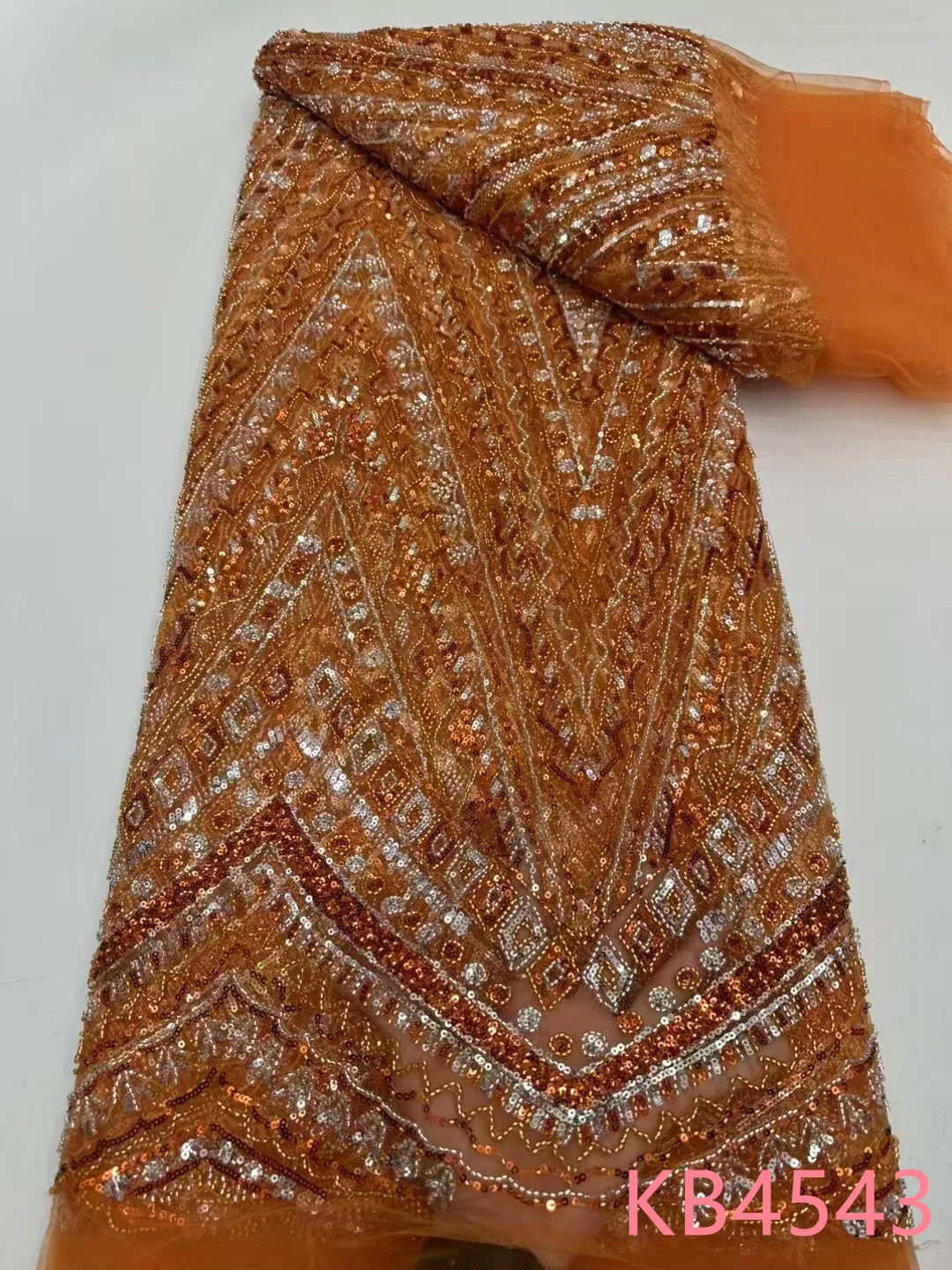 5 Yards Burnt Orange Beaded Lace Fabric African Fabric Lace High Quality Blue Sequence Tulle For Sewing KB4080
