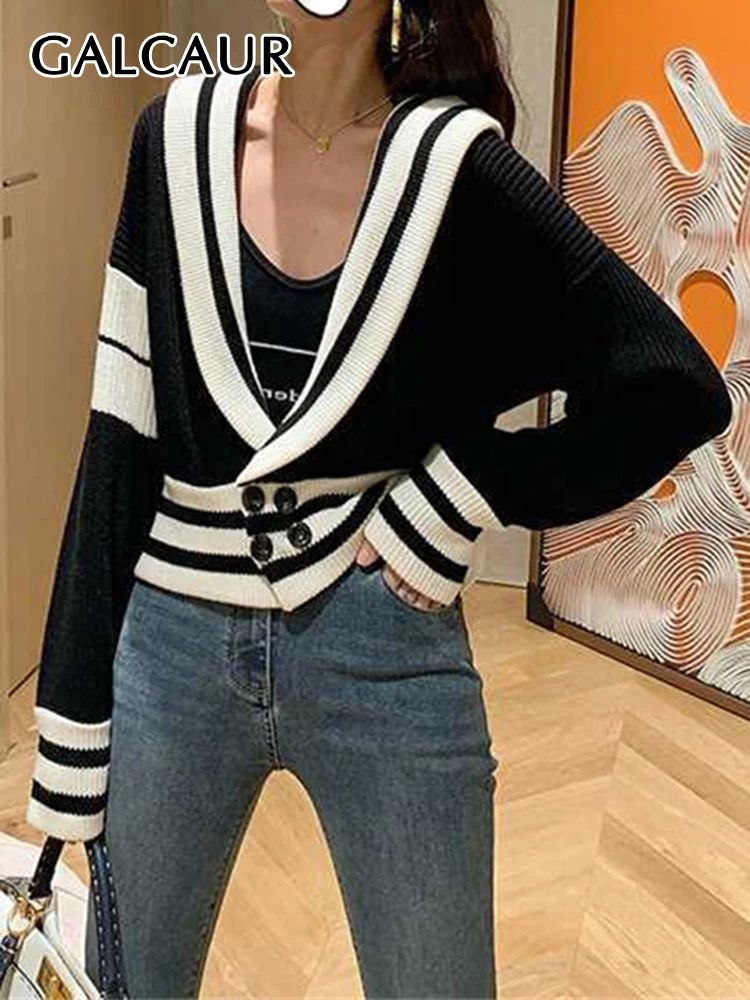 

GALCAUR Striped Colorblock Cardigan For Women Deep V Neck Long Sleeve Double Breasted Vintage Loose Knitting Sweaters Female New