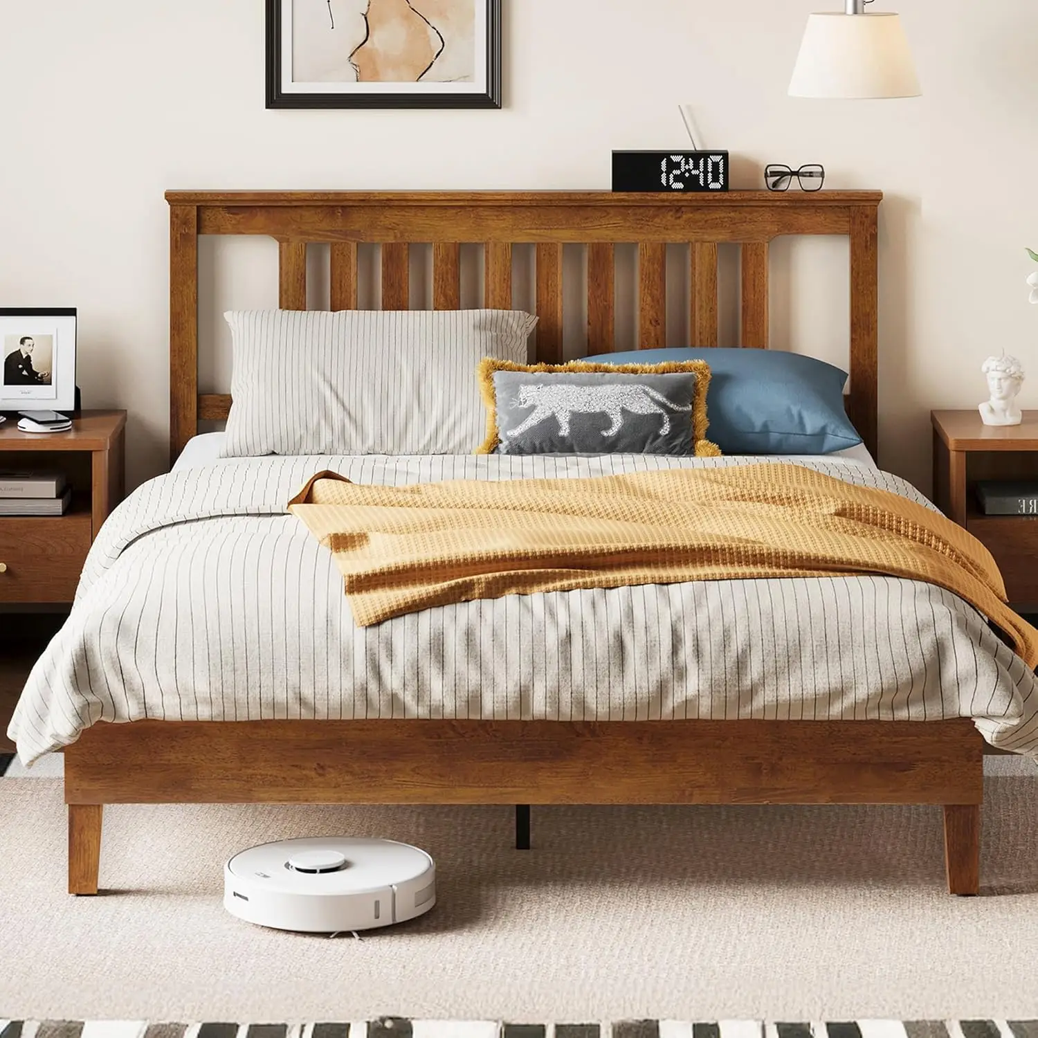 Queen Bed Frame, Wood Platform Bed Frame with Headboard, Solid Wood Bed with Wood Slat Support , No Box Spring Needed