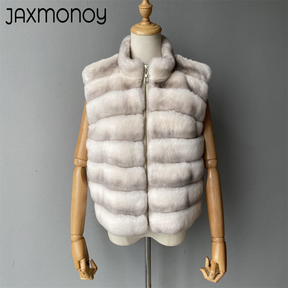 Jaxmonoy Natural Rabbit Fur Coat for Women Winter Real Rex Rabbit Fur Vest Ladies Fashion Patchwork Wool Blend Waistcoat Fall