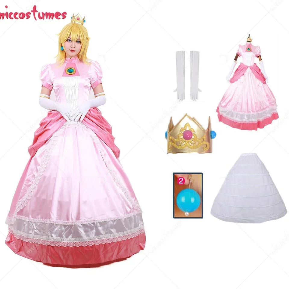 Ruichangxin Princess Peach Cosplay Costume For Girls - Dress With Crown, Gloves & Earrings, Party Dress-Up