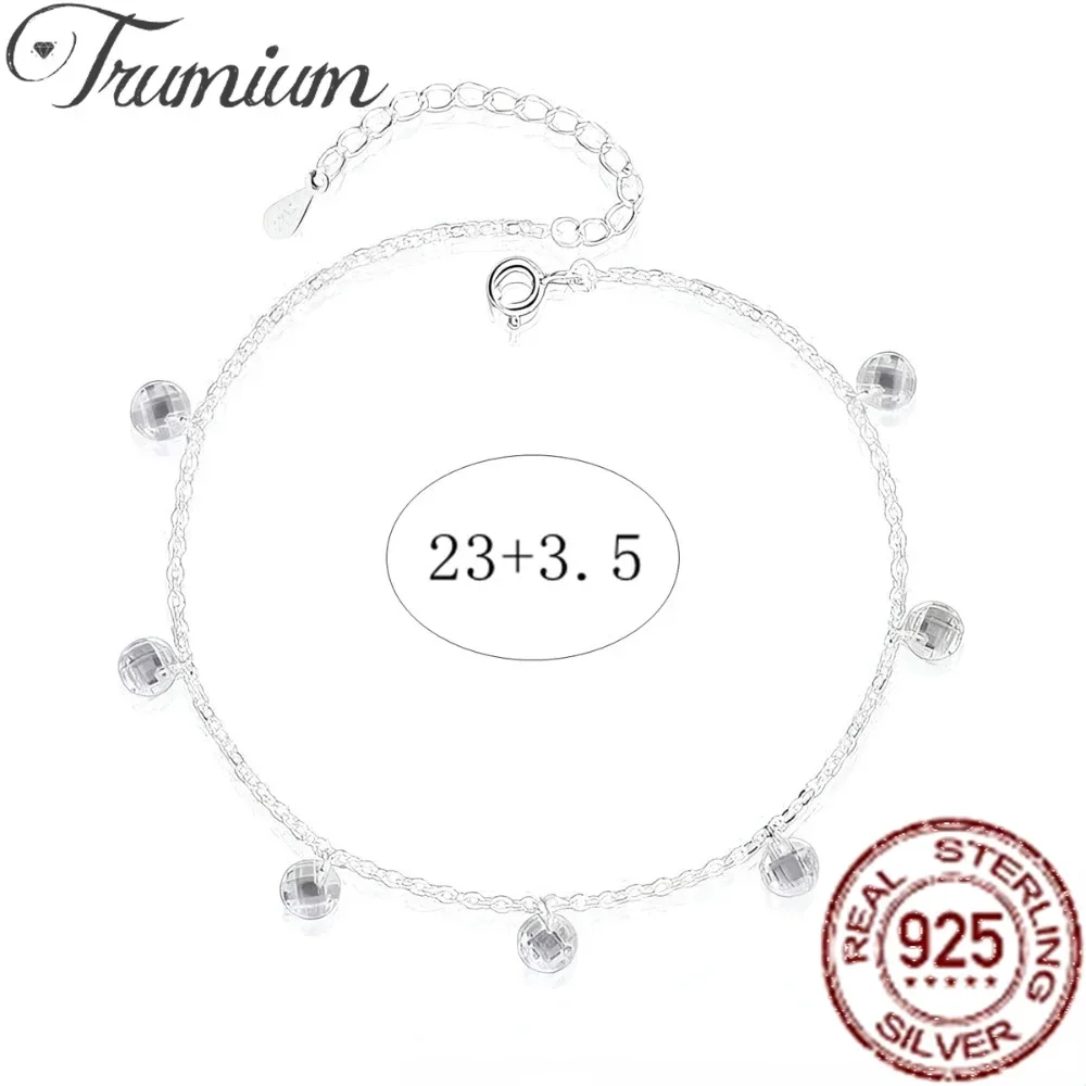 Trumium S925 Sterling Silver Anklets for Women Exquisite Crystal Small Ball Ankle Chain Jewelry Girl Summer Beach Party Gifts