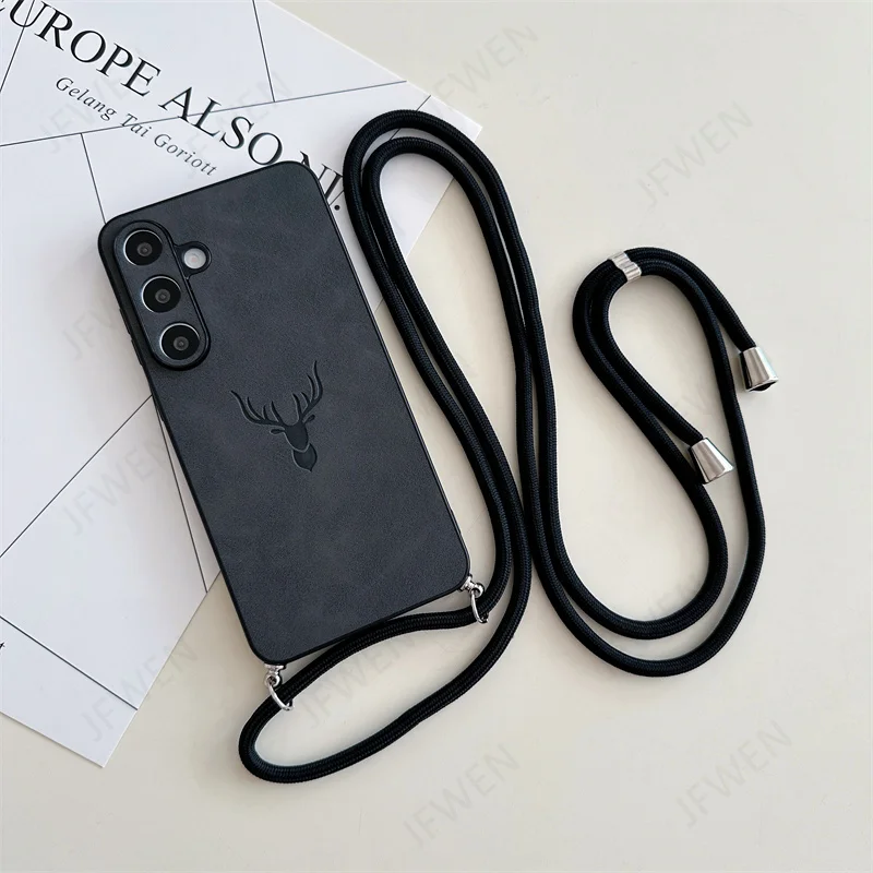 Luxe Deer Head Leather Crossbody Lanyard Phone Case with Hard PC Back Cover