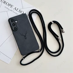 Luxe Deer Head Leather Crossbody Lanyard Phone Case with Hard PC Back Cover - Galaxy S23 Ultra (Black)