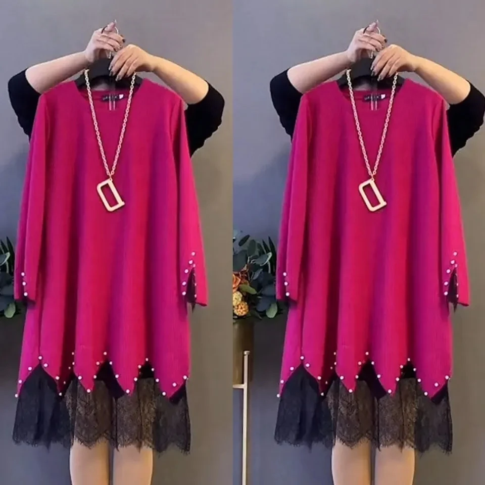 

L-6XL Large Size Sweater Dresses Women Spring Autumn O-Neck Mid-Long Knitted Sweaters Korean Loose Mother Patchwork Lace Dress